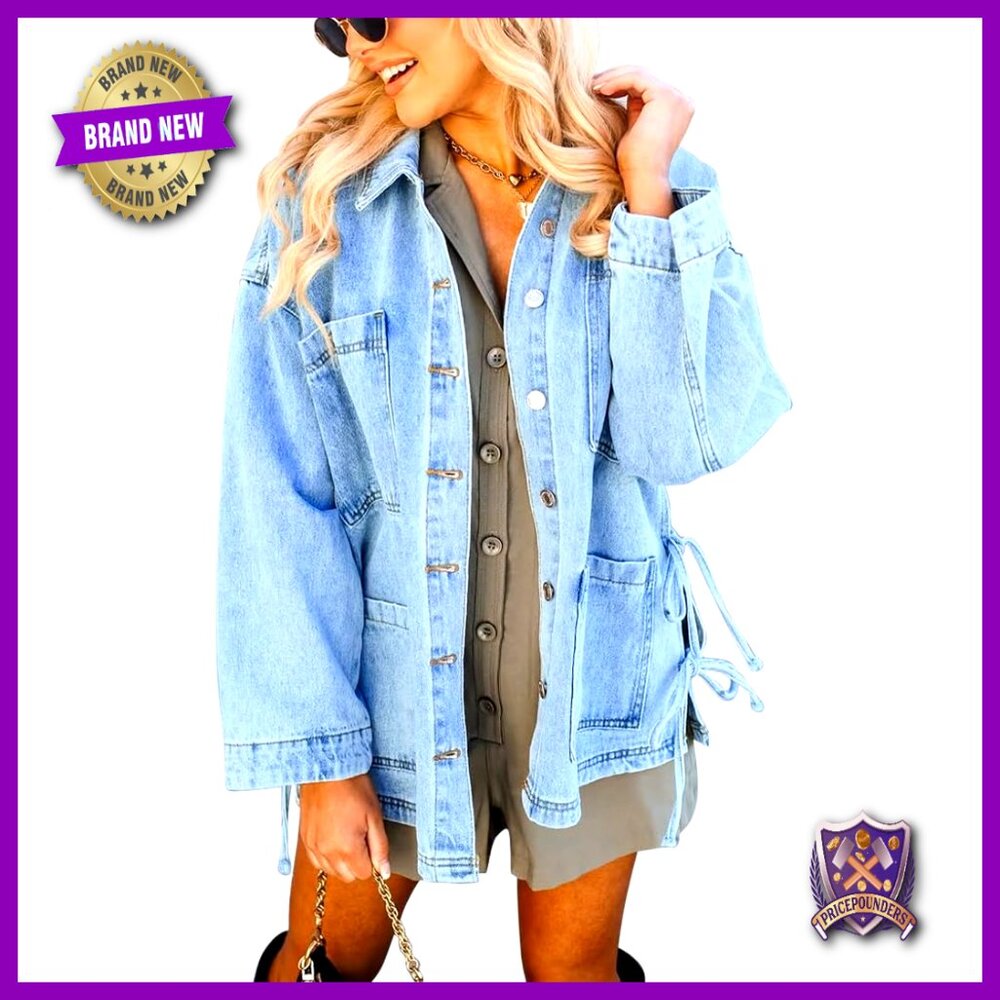 Oversized Denim Jacket Side Tie Bow Detail Boho Chic Boyfriend Fit Pockets